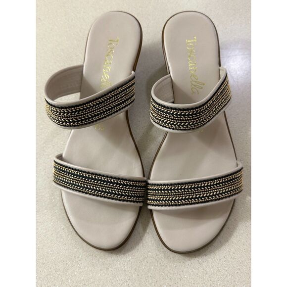 Toscanella Shoes - Toscanella Women's Italian Wedge Metallic/Black Double Band Sandals Size 7.5